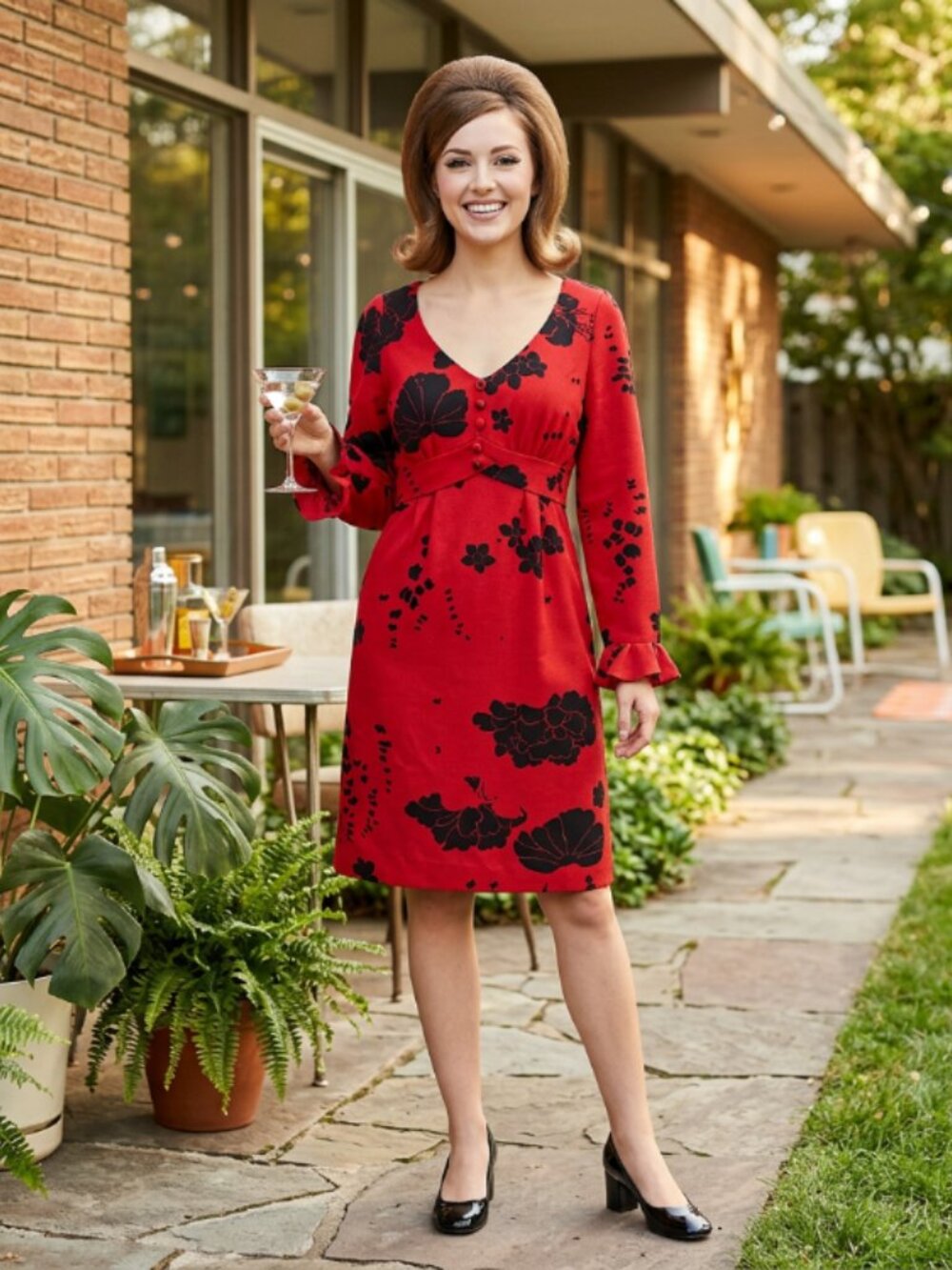 Vtg 60s Young Quinlan mcm mod red black floral dress